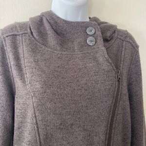 Grey/taupe colored hoodie with asymmetrical zipper and gathered in back